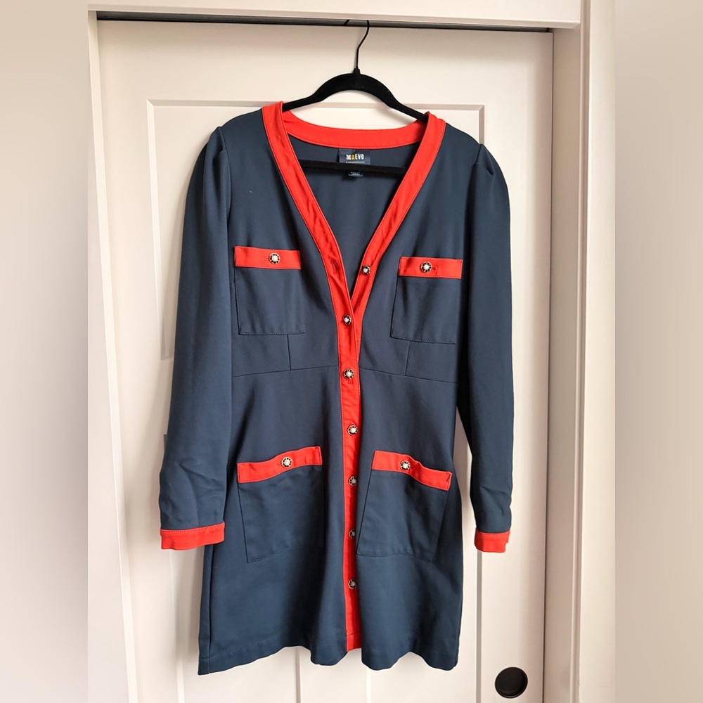 Anthropologie Navy Blue Long Cardigan with Coral Red Trim